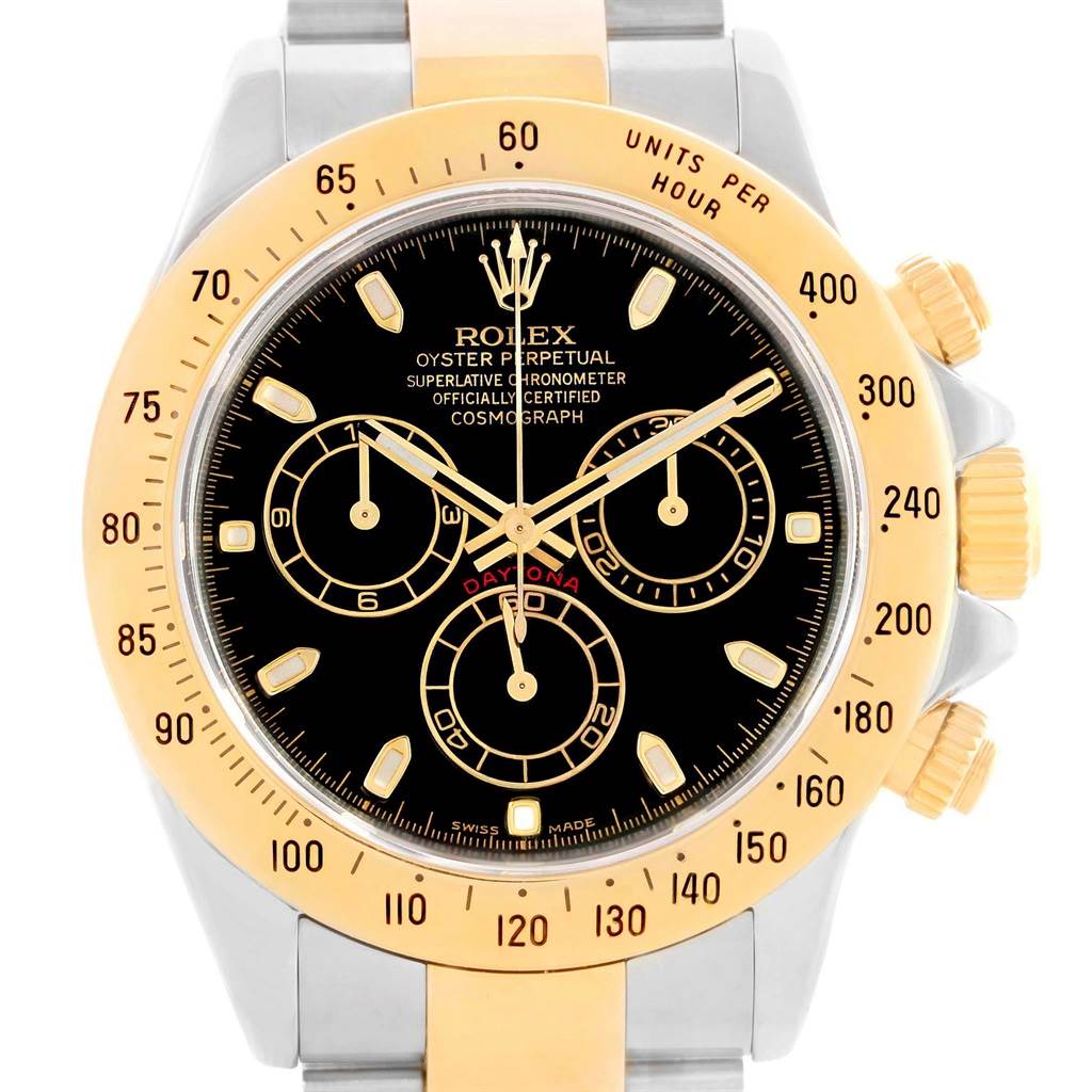 The Rolex Daytona 116523 Men's Steel and Gold (two tone) Black Dial 116523 Men's Steel and Gold (two tone) Black Dial watch is shown from a frontal angle, highlighting the bezel, dial, chronograph subdials, and part of the bracelet.