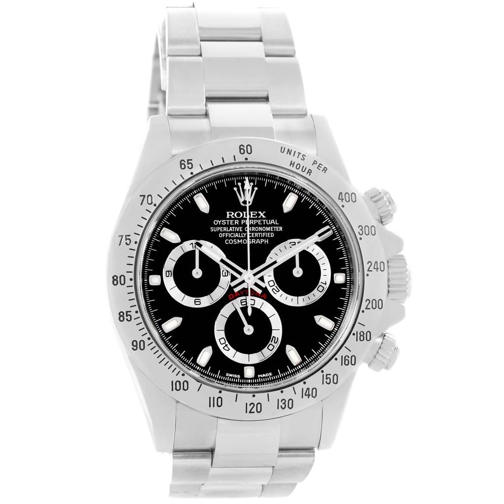The Rolex Daytona 116520 Men's Stainless Steel Black Dial 116520 Men's Stainless Steel Black Dial watch is shown from a front angle, displaying the dial, bezel, and bracelet.