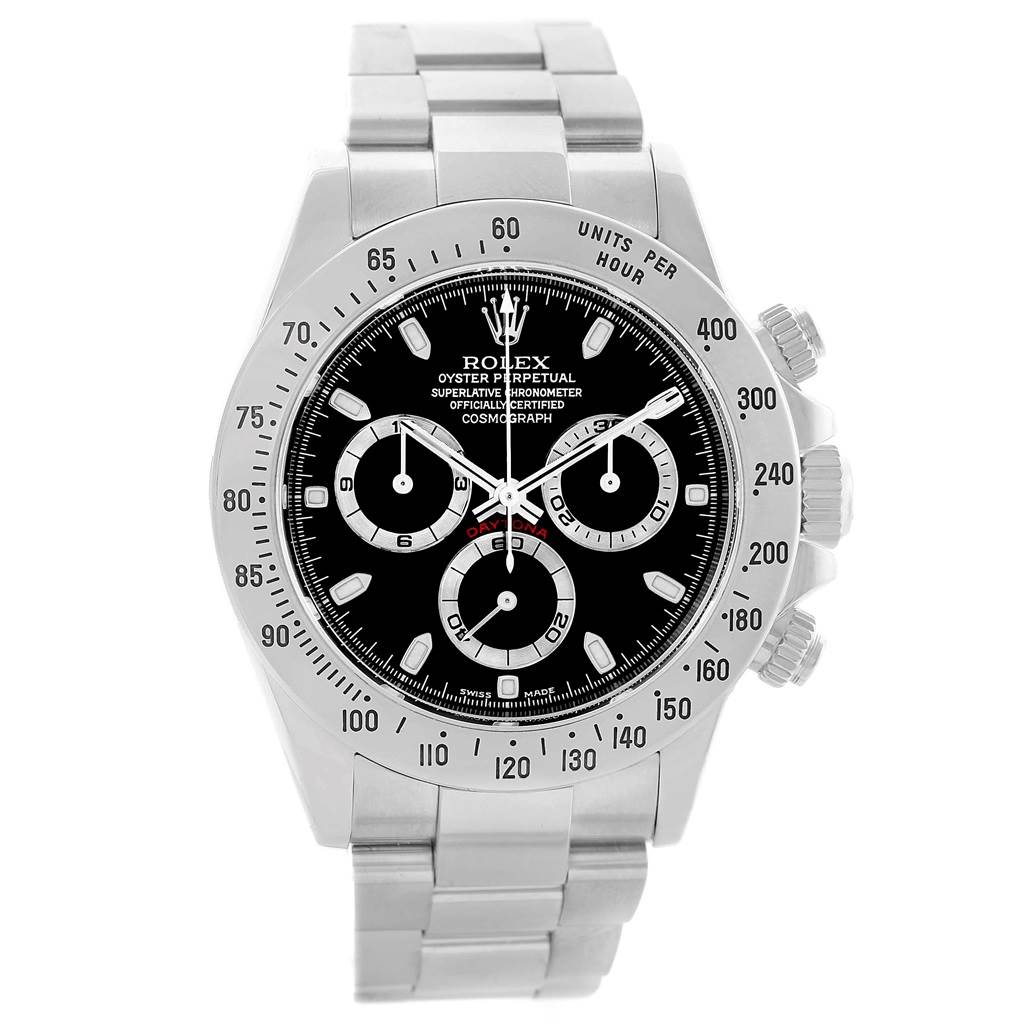 This image shows a front view of the Rolex Daytona 116520 Men's Stainless Steel Black Dial 116520 Men's Stainless Steel Black Dial, displaying the face, bezel, and stainless steel bracelet.