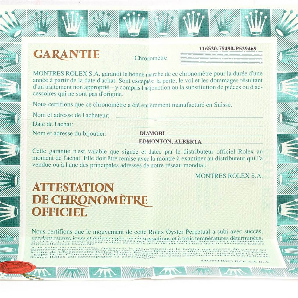 This is an official warranty certificate for the Rolex Daytona 116520 Men's Stainless Steel Black Dial 116520 Men's Stainless Steel Black Dial model watch.