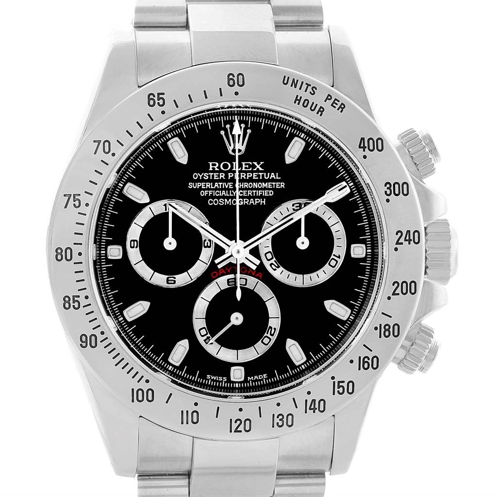 The image shows a front view of a Rolex Daytona 116520 Men's Stainless Steel Black Dial 116520 Men's Stainless Steel Black Dial model watch, displaying the face, bezel, and bracelet.