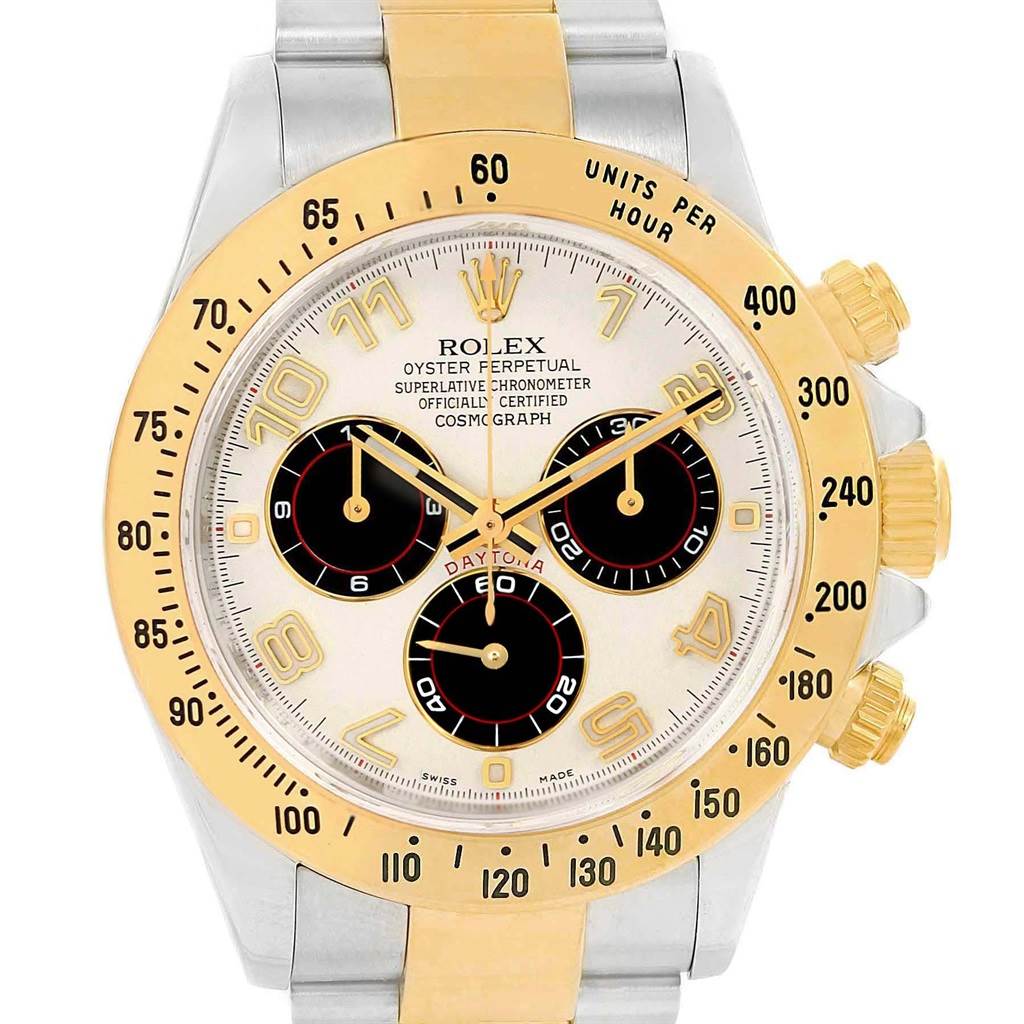 The image shows a frontal view of a Rolex Daytona 116523 Men's Steel and Gold (two tone) White Dial 116523 Men's Steel and Gold (two tone) White Dial watch, highlighting its dial, bezel, and part of its bracelet.
