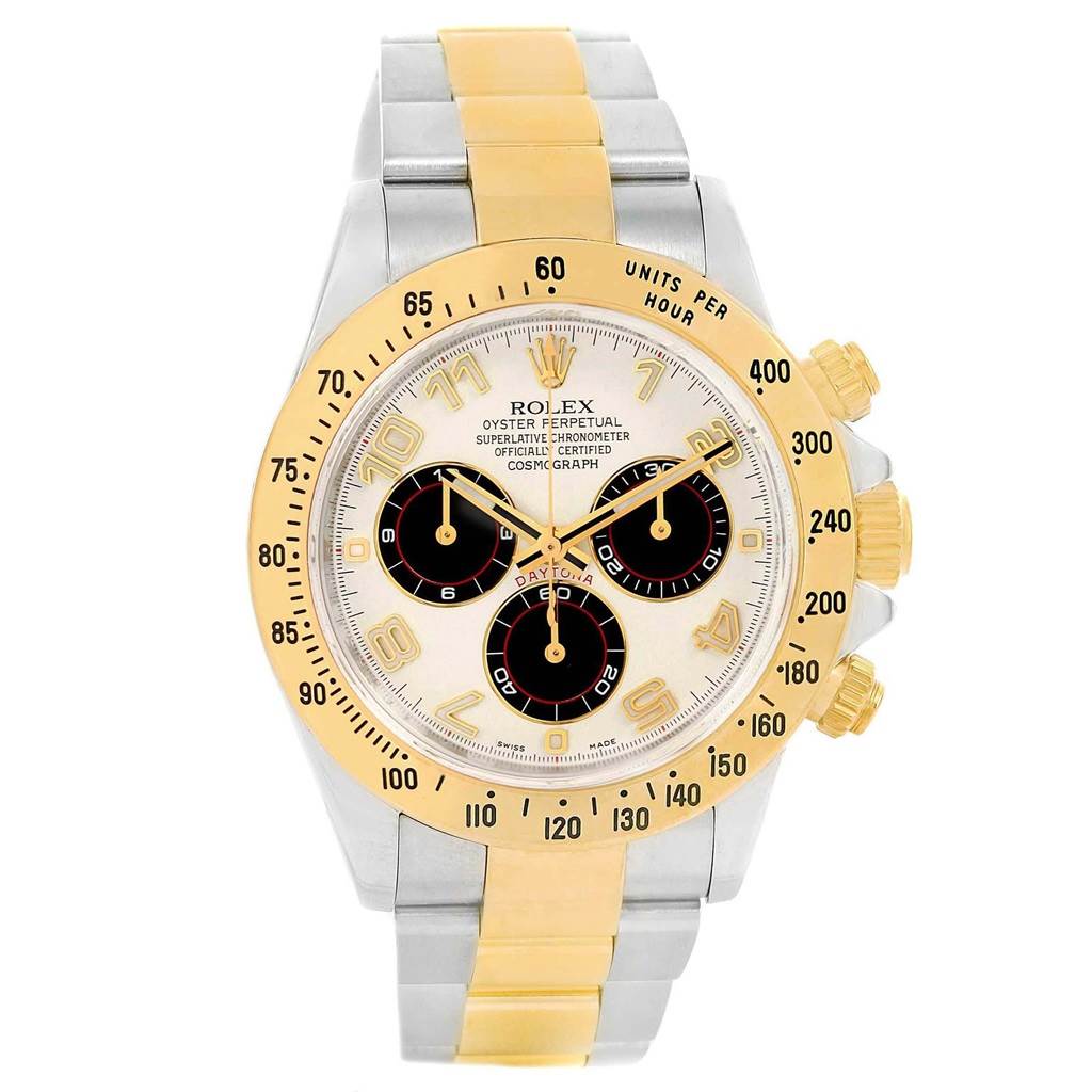 The image shows a frontal view of a Rolex Daytona 116523 Men's Steel and Gold (two tone) White Dial 116523 Men's Steel and Gold (two tone) White Dial watch, displaying its dial, bezel, and bracelet.