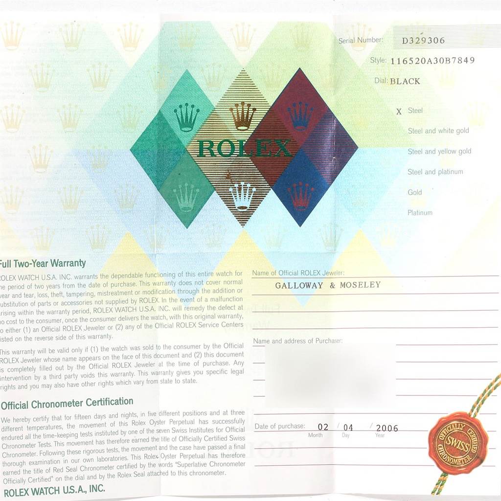 The image shows a warranty card for a Rolex Daytona 116520 Men's Stainless Steel Black Dial 116520 Men's Stainless Steel Black Dial watch, indicating model, serial number, dial, and purchase date details.