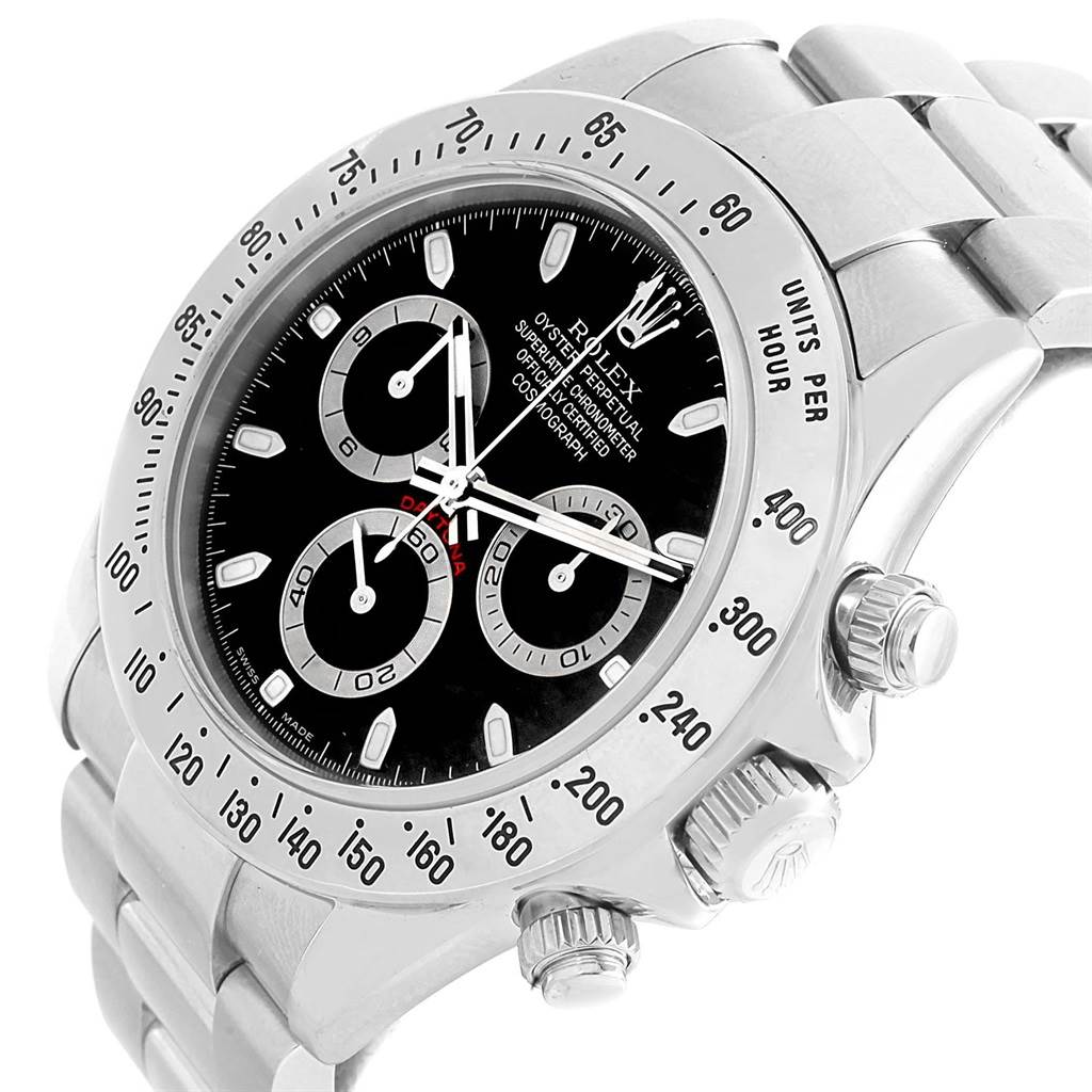 The Rolex Daytona 116520 Men's Stainless Steel Black Dial 116520 Men's Stainless Steel Black Dial watch is shown at a 3/4 angle, highlighting the face, bezel, pushers, and part of the bracelet.