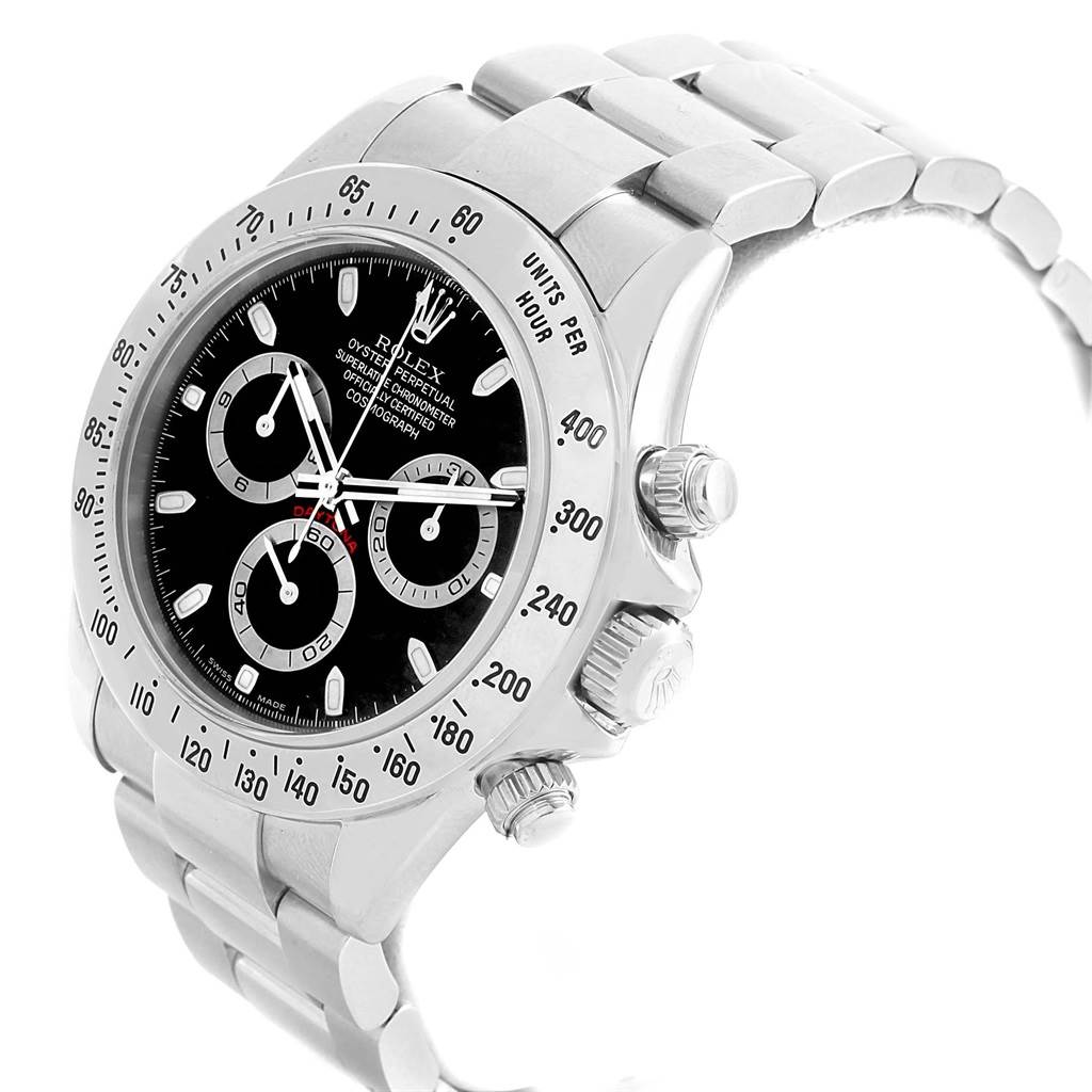 The image shows a side angle of a Rolex Daytona 116520 Men's Stainless Steel Black Dial 116520 Men's Stainless Steel Black Dial, highlighting the bezel, dial, subdials, pushers, and part of the bracelet.