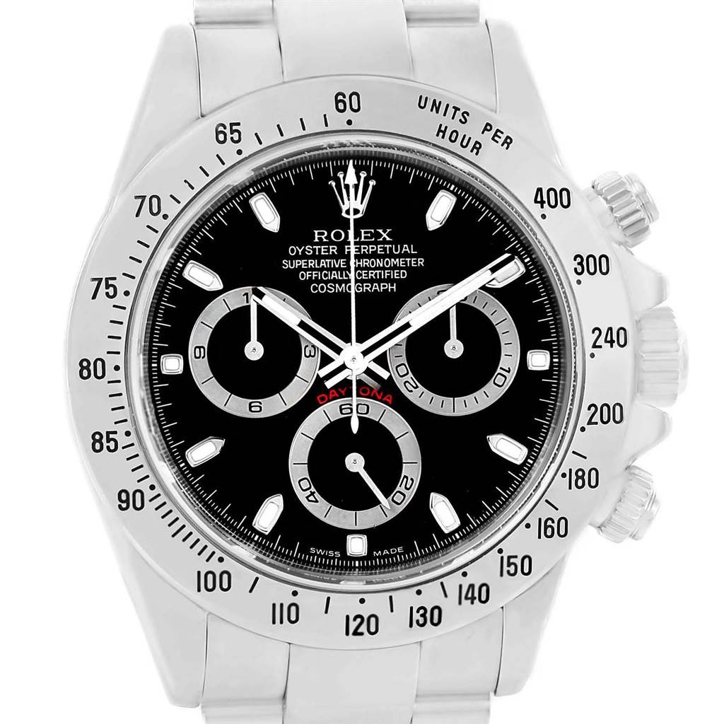 The Rolex Daytona 116520 Men's Stainless Steel Black Dial 116520 Men's Stainless Steel Black Dial watch is shown from the front, displaying the face, bezel, and chronograph dials clearly.