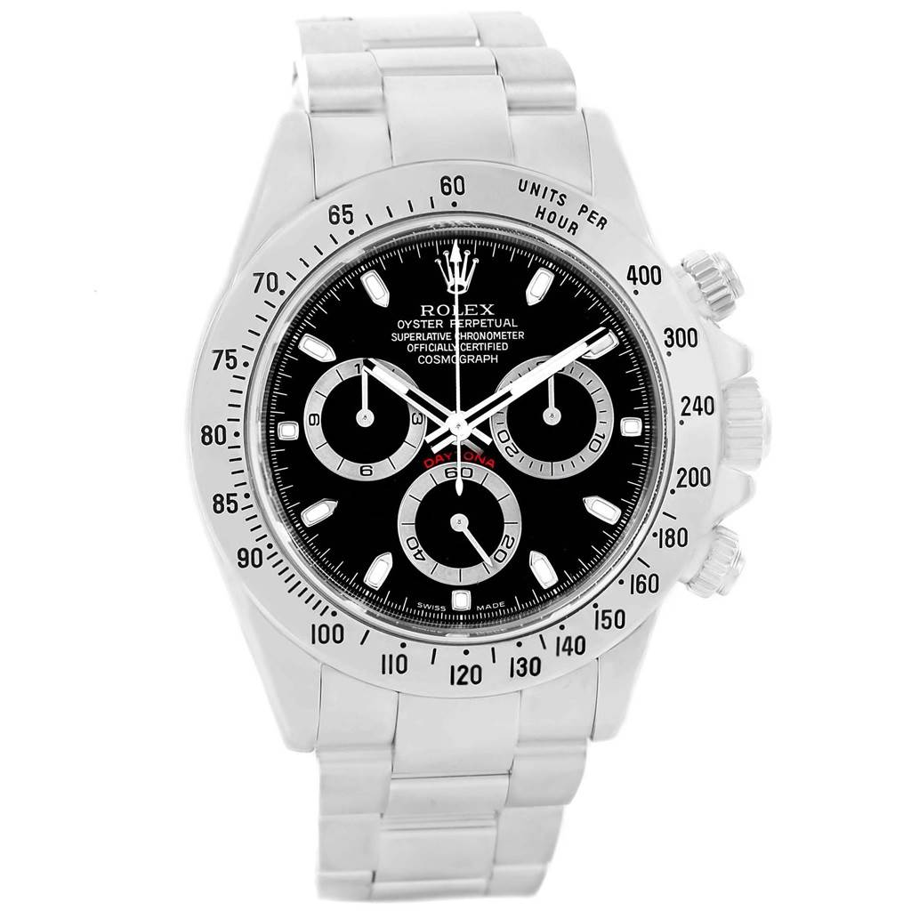 This image shows a front view of a Rolex Daytona 116520 Men's Stainless Steel Black Dial 116520 Men's Stainless Steel Black Dial watch, highlighting the dial, bezel, subdials, and bracelet.