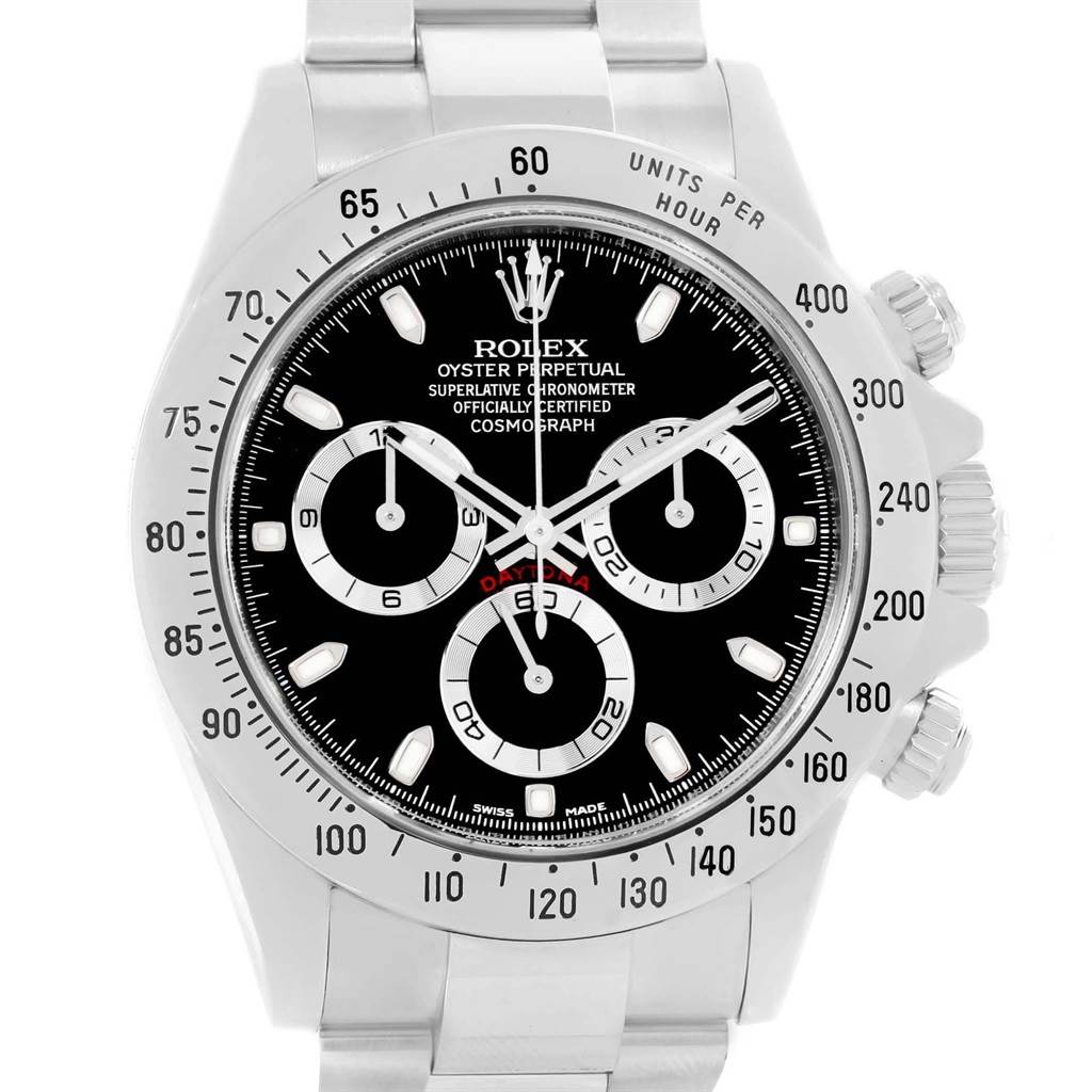 The image shows a frontal view of a Rolex Daytona 116520 Men's Stainless Steel Black Dial 116520 Men's Stainless Steel Black Dial watch, highlighting its dial, bezel, and chronograph subdials.