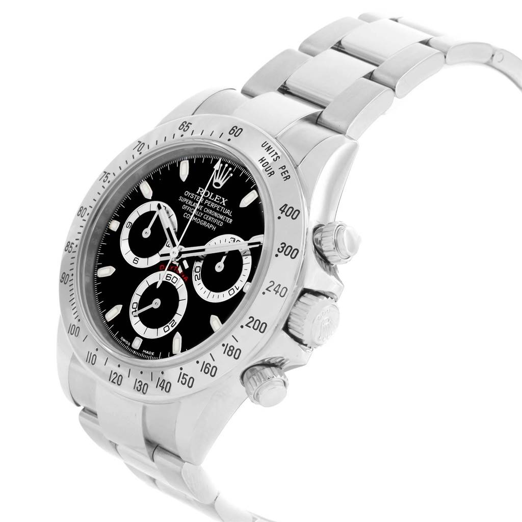 The image shows a Rolex Daytona 116520 Men's Stainless Steel Black Dial 116520 Men's Stainless Steel Black Dial watch at a three-quarters angle, highlighting its face, bezel, crown, and bracelet.