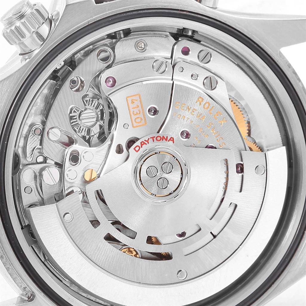 This image shows the intricate internal mechanisms of the Rolex Daytona 116520 Men's Stainless Steel Black Dial 116520 Men's Stainless Steel Black Dial watch from a straight-on back angle.