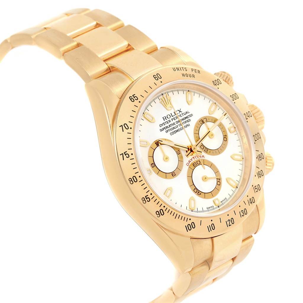 This image displays a Rolex Daytona 116528 Men's Yellow Gold White Dial 116528 Men's Yellow Gold White Dial watch at an angled view, showcasing its gold case, dial, bezel, and bracelet.