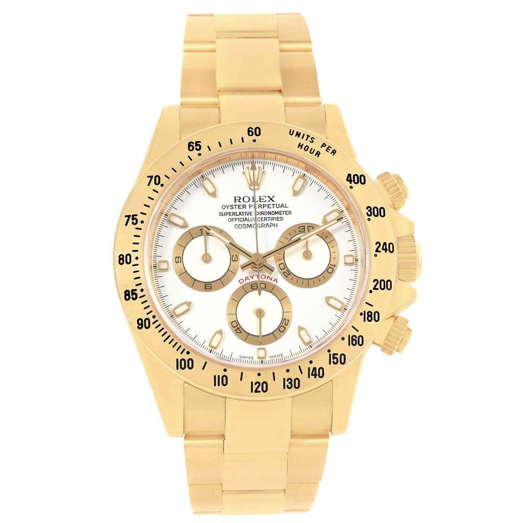 The image shows a frontal view of a Rolex Daytona 116528 Men's Yellow Gold White Dial 116528 Men's Yellow Gold White Dial watch, highlighting its dial, bezel, pushers, and bracelet.