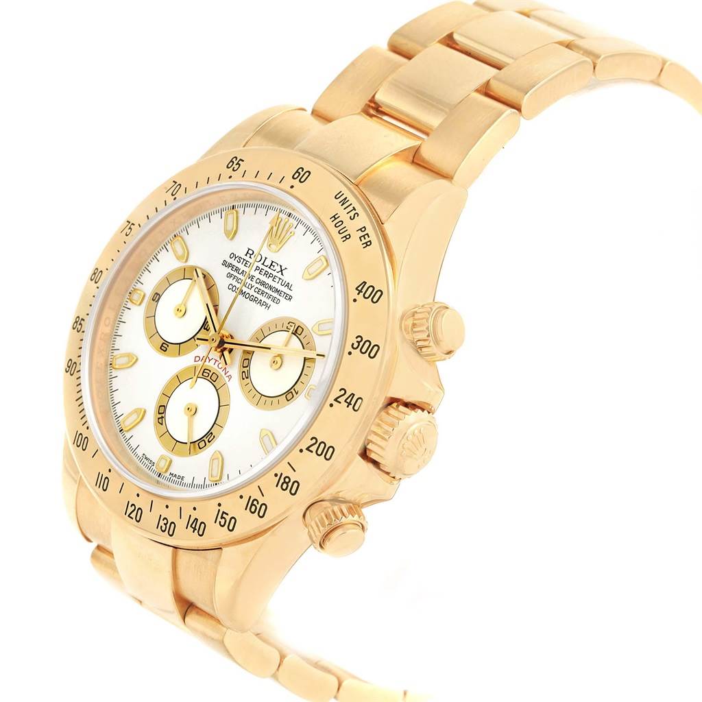 This image shows a side view of a Rolex Daytona 116528 Men's Yellow Gold White Dial 116528 Men's Yellow Gold White Dial watch, highlighting the gold bracelet, bezel, crown, and chronograph pushers.