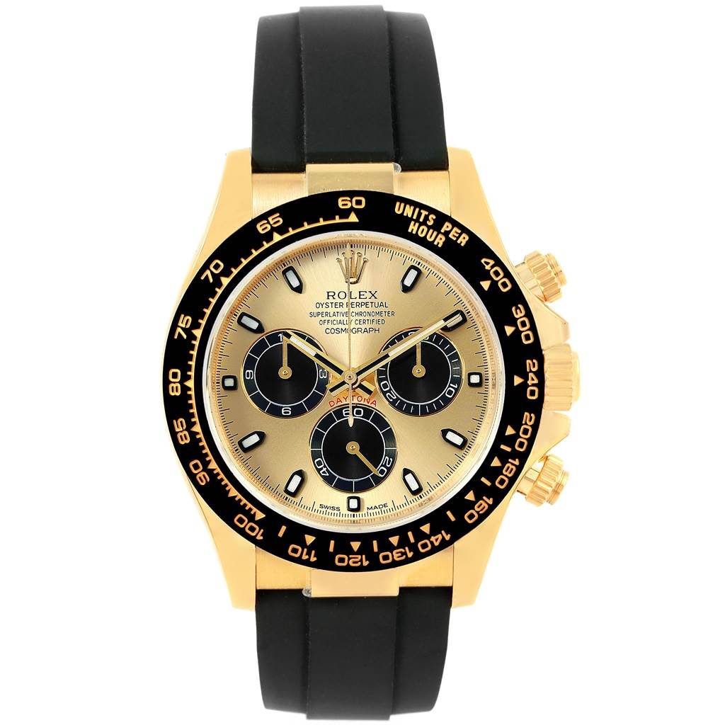 The image shows a front view of a Rolex Daytona 116518 Men's Yellow Gold Champagne Dial 116518 Men's Yellow Gold Champagne Dial watch, highlighting the dial, bezel, and strap.