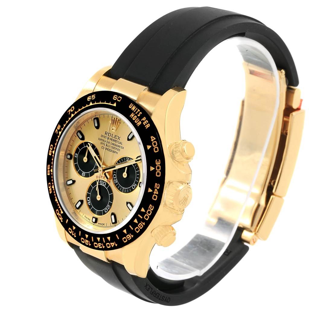 This image shows a side-angle view of a Rolex Daytona 116518 Men's Yellow Gold Champagne Dial 116518 Men's Yellow Gold Champagne Dial watch, highlighting the dial, bezel, pushers, and band.