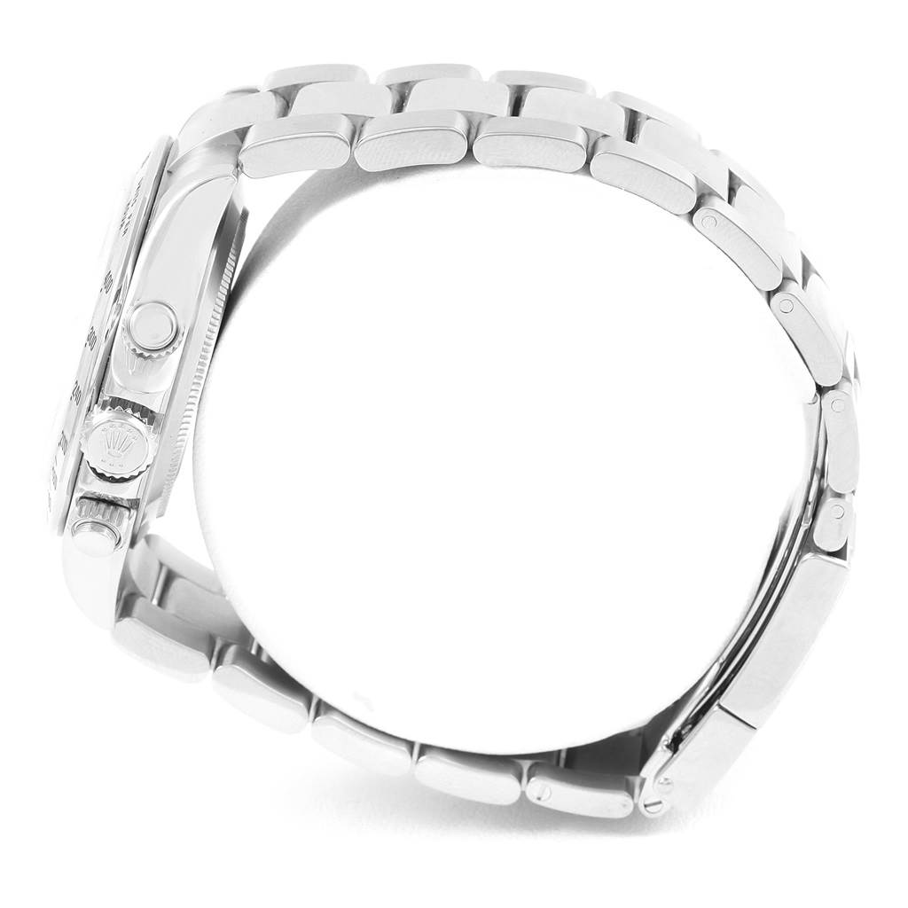 Side view of the Rolex Daytona 116520 Men's Stainless Steel White Dial 116520 Men's Stainless Steel White Dial watch displaying the bracelet, crown, and chronograph pushers.