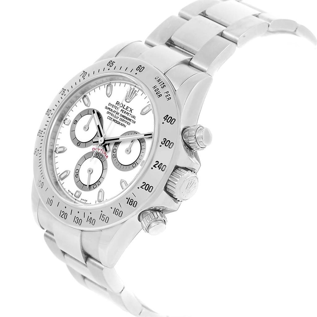 This image shows a Rolex Daytona 116520 Men's Stainless Steel White Dial 116520 Men's Stainless Steel White Dial watch at a slight angle from the front, highlighting its bezel, dial, and side pushers.