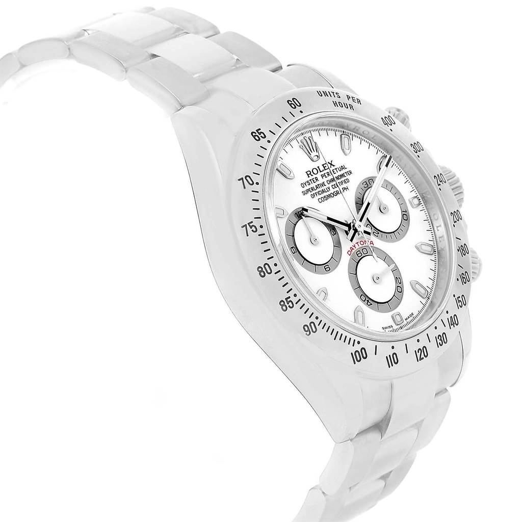 The Rolex Daytona 116520 Men's Stainless Steel White Dial 116520 Men's Stainless Steel White Dial watch is shown at a three-quarter angle highlighting the face, bezel, and part of the bracelet.