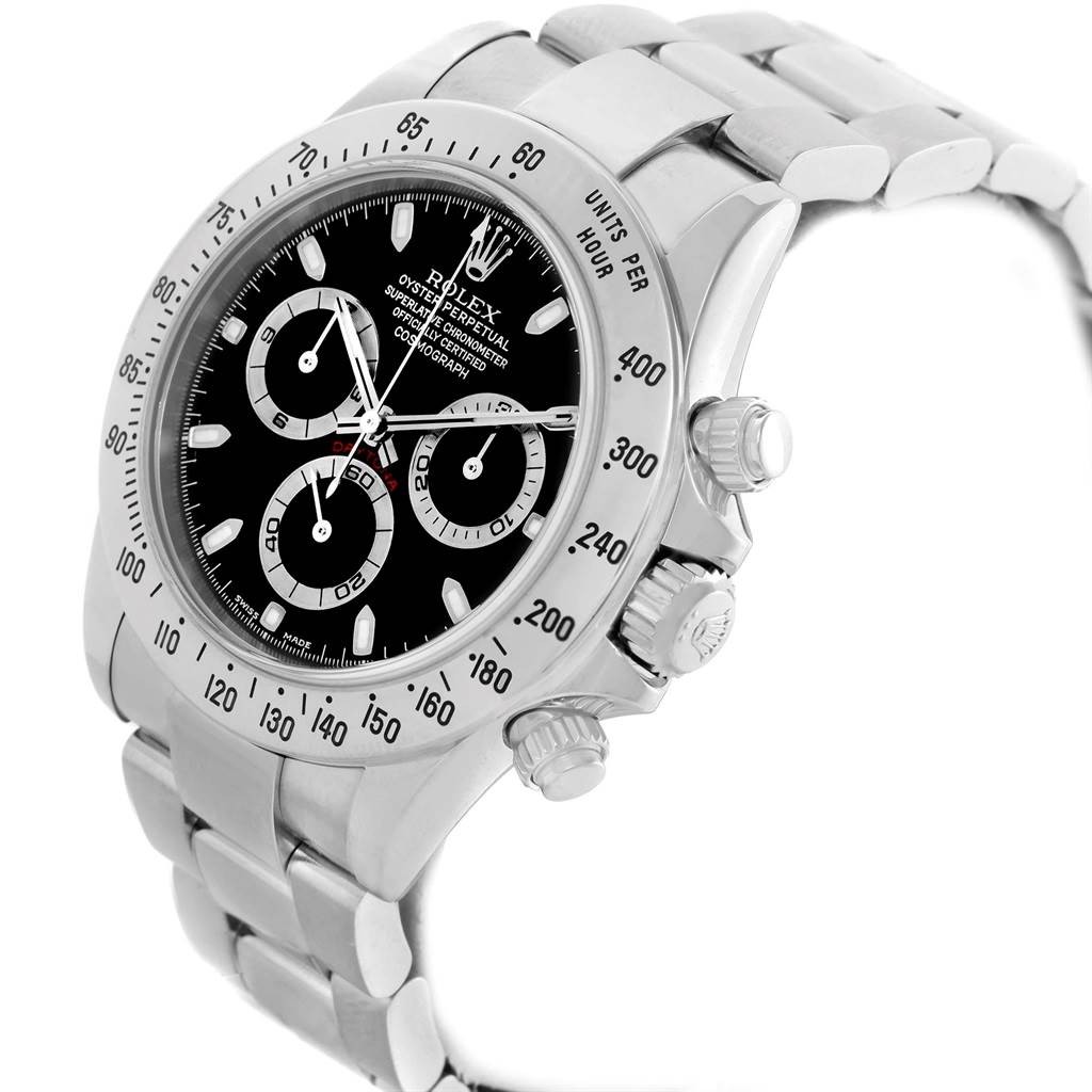 The image shows a Rolex Daytona 116520 Men's Stainless Steel Black Dial 116520 Men's Stainless Steel Black Dial watch at a three-quarter angle, highlighting the bezel, crown, pushers, and bracelet.
