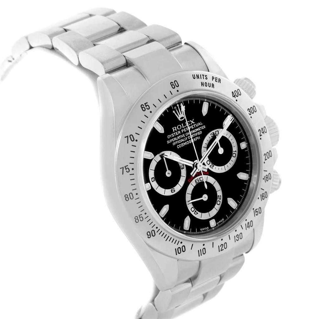 This Rolex Daytona 116520 Men's Stainless Steel Black Dial 116520 Men's Stainless Steel Black Dial is shown at an angle emphasizing its case, bezel, dial, and part of the bracelet.