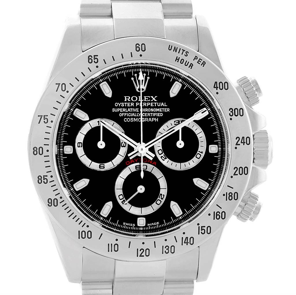 The image shows a front view of a Rolex Daytona 116520 Men's Stainless Steel Black Dial 116520 Men's Stainless Steel Black Dial watch, highlighting its black dial, chronograph subdials, and bezel with tachymeter scale.