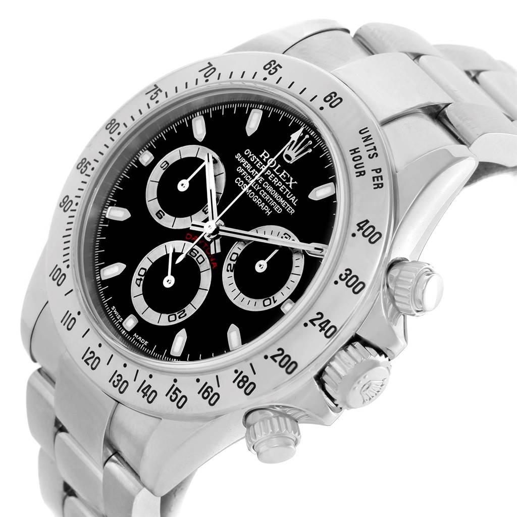 The Rolex Daytona 116520 Men's Stainless Steel Black Dial 116520 Men's Stainless Steel Black Dial watch is shown at a three-quarter angle, highlighting the face, bezel, and part of the bracelet.
