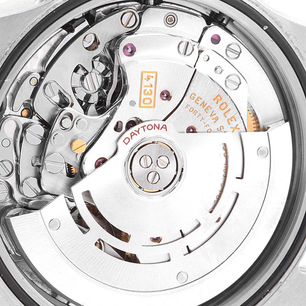 This image shows a close-up view of the movement mechanism in a Rolex Daytona 116520 Men's Stainless Steel Black Dial 116520 Men's Stainless Steel Black Dial watch.