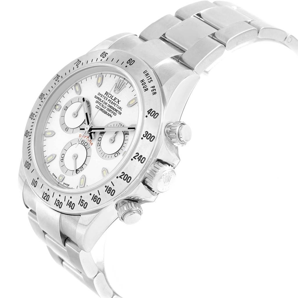 The Rolex Daytona 116520 Men's Stainless Steel White Dial 116520 Men's Stainless Steel White Dial watch is shown from a three-quarter angle, highlighting the bracelet, dials, and bezel.