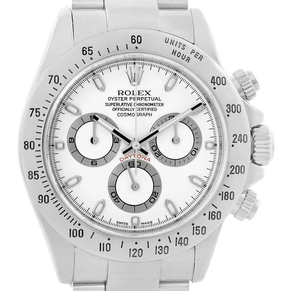 This image shows a front view of a Rolex Daytona 116520 Men's Stainless Steel White Dial 116520 Men's Stainless Steel White Dial watch, highlighting the dial, bezel, and chronograph sub-dials.