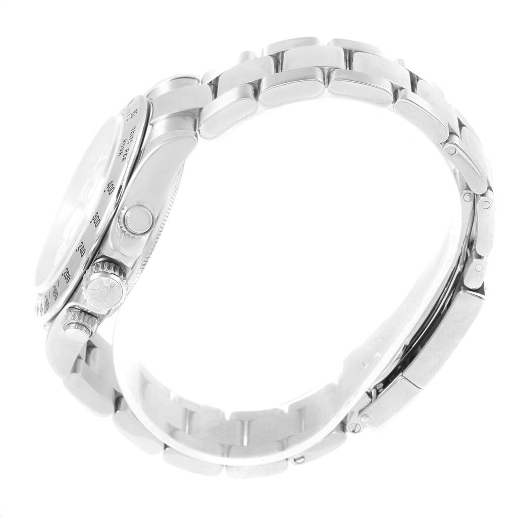 This image showcases a side view of a Rolex Daytona 116520 Men's Stainless Steel White Dial 116520 Men's Stainless Steel White Dial watch, highlighting its case, crown, buttons, and bracelet.