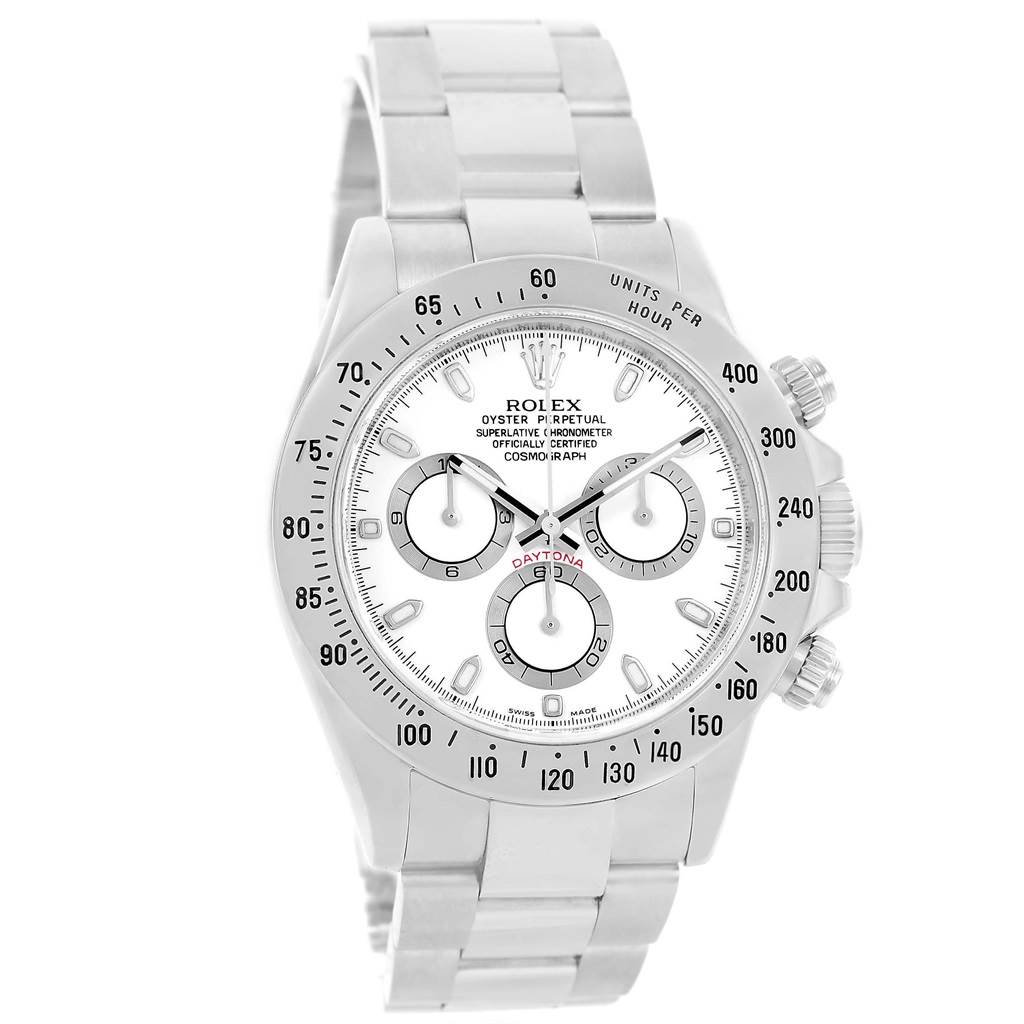 The image shows a front view of the Rolex Daytona 116520 Men's Stainless Steel White Dial 116520 Men's Stainless Steel White Dial watch, highlighting its dial, bezel, and bracelet.