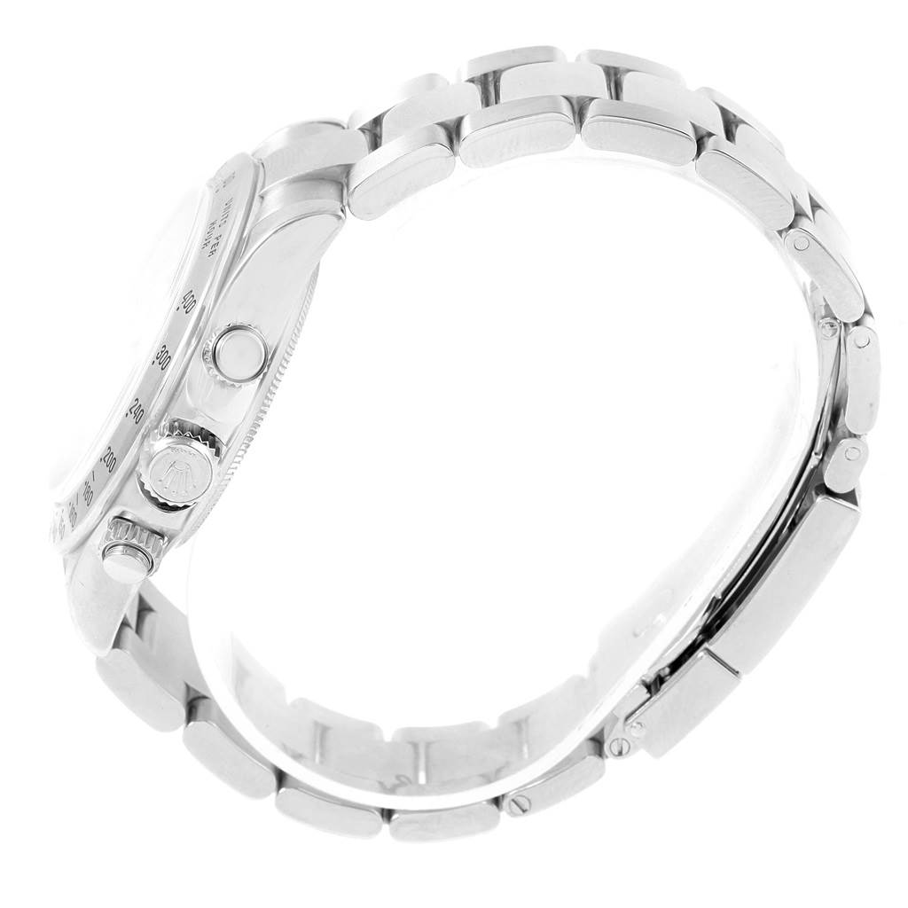 The image shows a side profile of the Rolex Daytona 116520 Men's Stainless Steel White Dial 116520 Men's Stainless Steel White Dial watch, focusing on the bracelet, case, crown, and pushers.