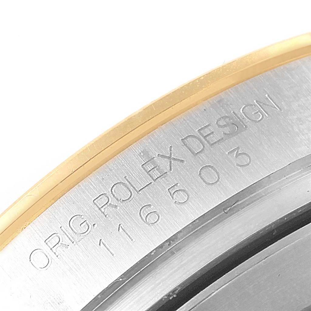 The image shows a close-up of the engraved reference number and "ORIG. ROLEX DESIGN" on the caseback edge of a Rolex Daytona 116503 Men's Steel and Gold (two tone) White Dial 116503 Men's Steel and Gold (two tone) White Dial watch.