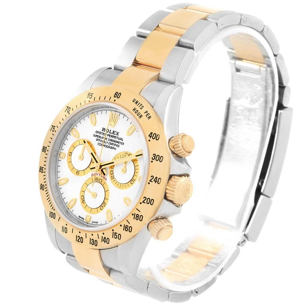 The image shows a Rolex Daytona 116503 Men's Steel and Gold (two tone) White Dial 116503 Men's Steel and Gold (two tone) White Dial watch at a slight angle, highlighting its two-tone bracelet, dial, bezel, and pushers.