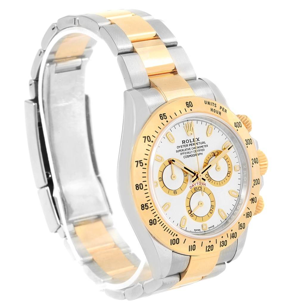 The image shows a side angle of a Rolex Daytona 116503 Men's Steel and Gold (two tone) White Dial 116503 Men's Steel and Gold (two tone) White Dial watch, featuring the dial, bezel, and two-tone bracelet.