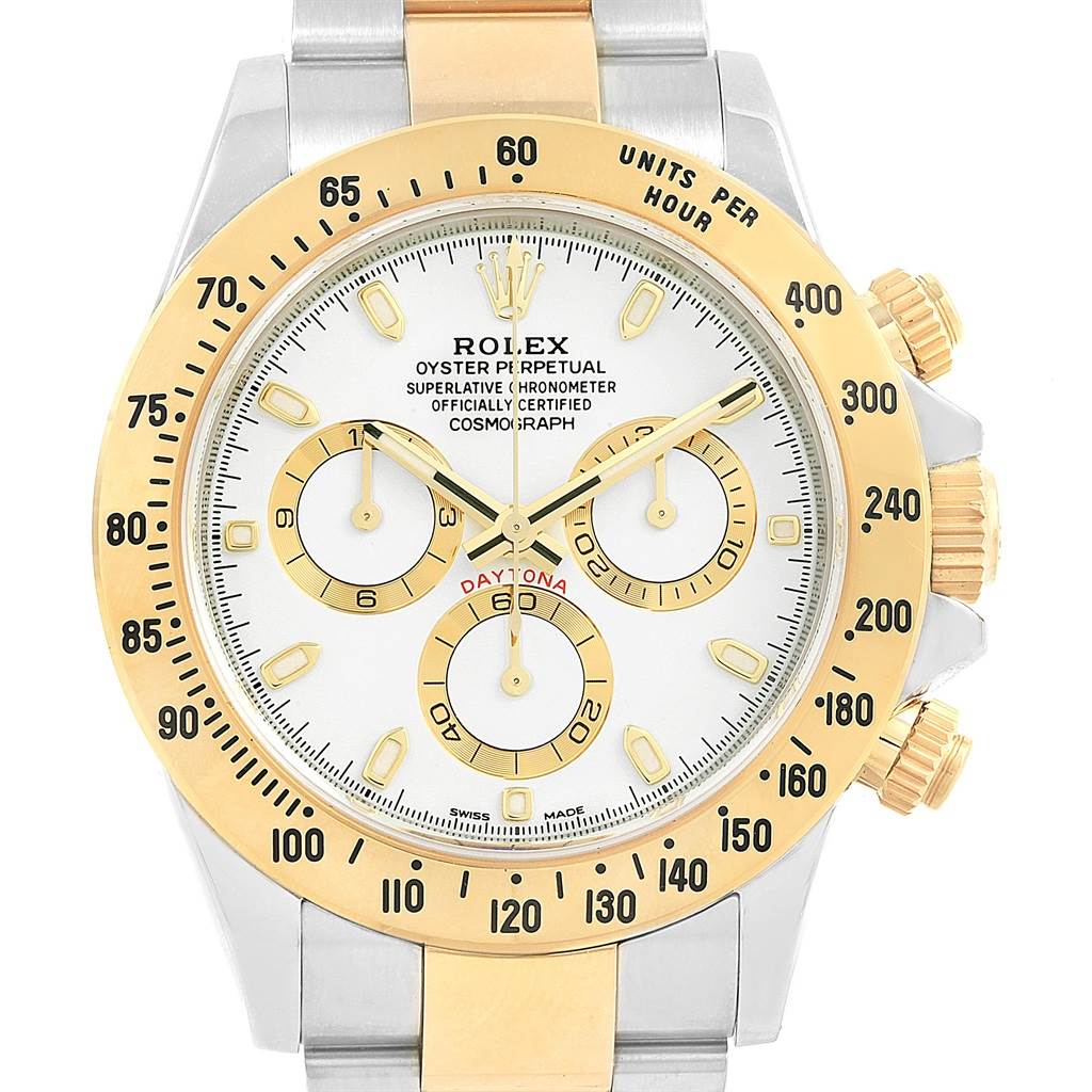 The Rolex Daytona 116503 Men's Steel and Gold (two tone) White Dial 116503 Men's Steel and Gold (two tone) White Dial watch is shown from the front, highlighting its face, bezel, crown, and pushers.