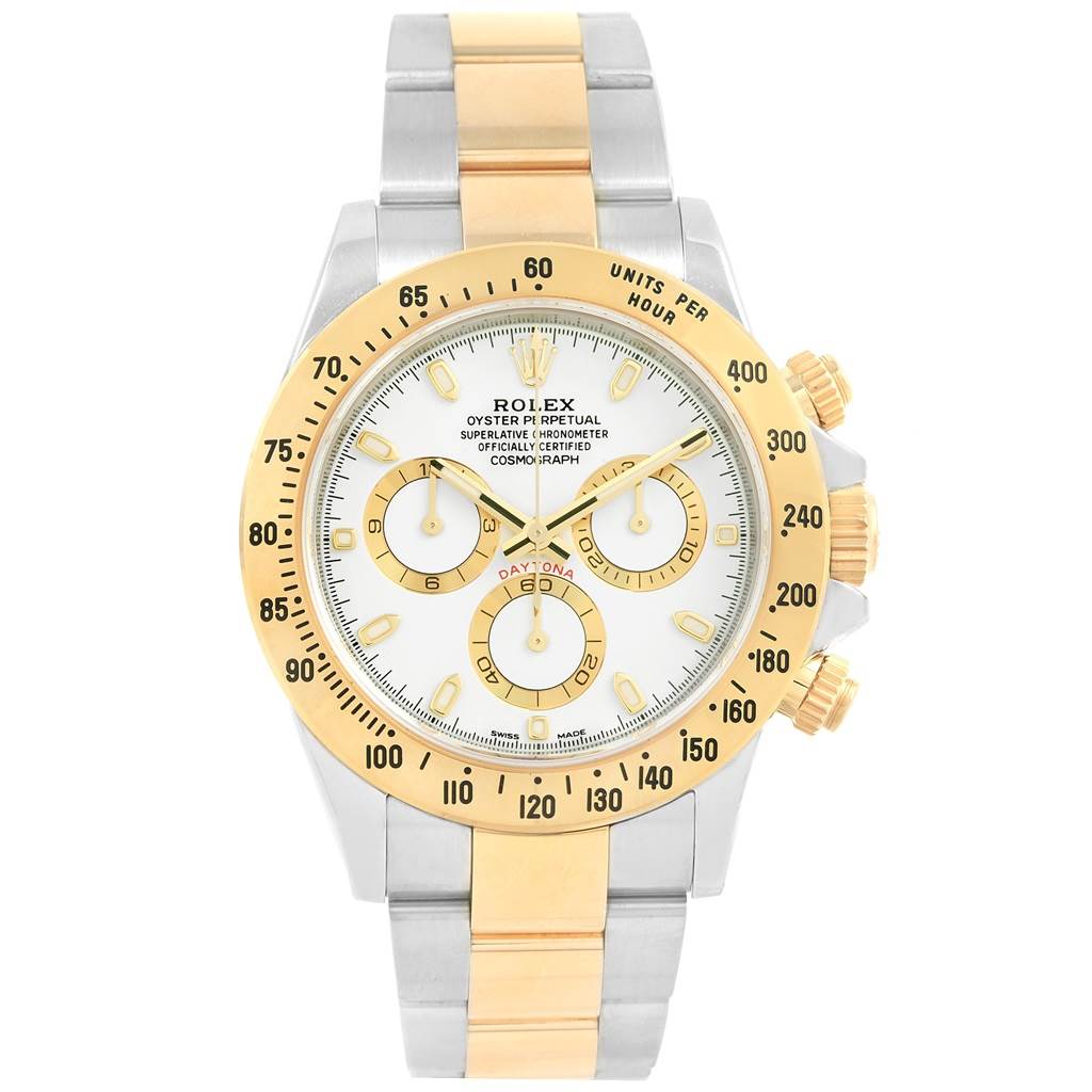 The image shows a front view of a Rolex Daytona 116503 Men's Steel and Gold (two tone) White Dial 116503 Men's Steel and Gold (two tone) White Dial watch, highlighting its gold and silver bracelet, bezel, and white dial with three subdials.