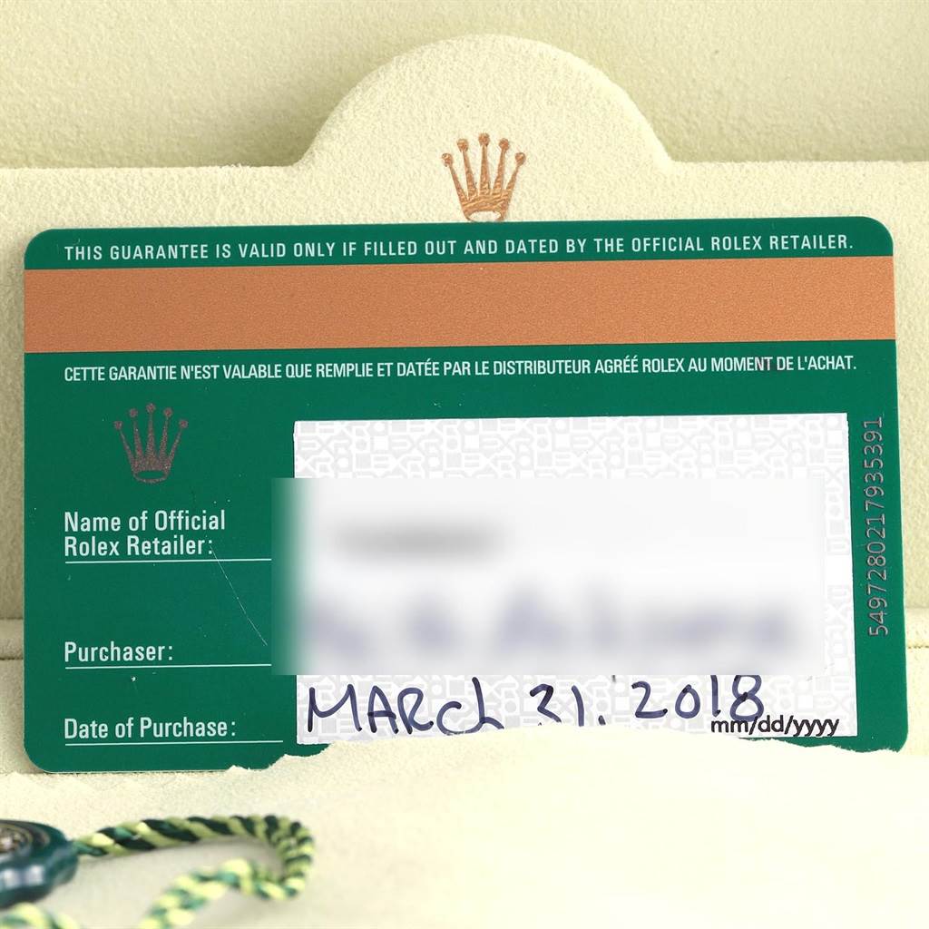 This image shows the guarantee card for a Rolex Daytona 116503 Men's Steel and Gold (two tone) White Dial 116503 Men's Steel and Gold (two tone) White Dial watch, including purchase details and retailer information.