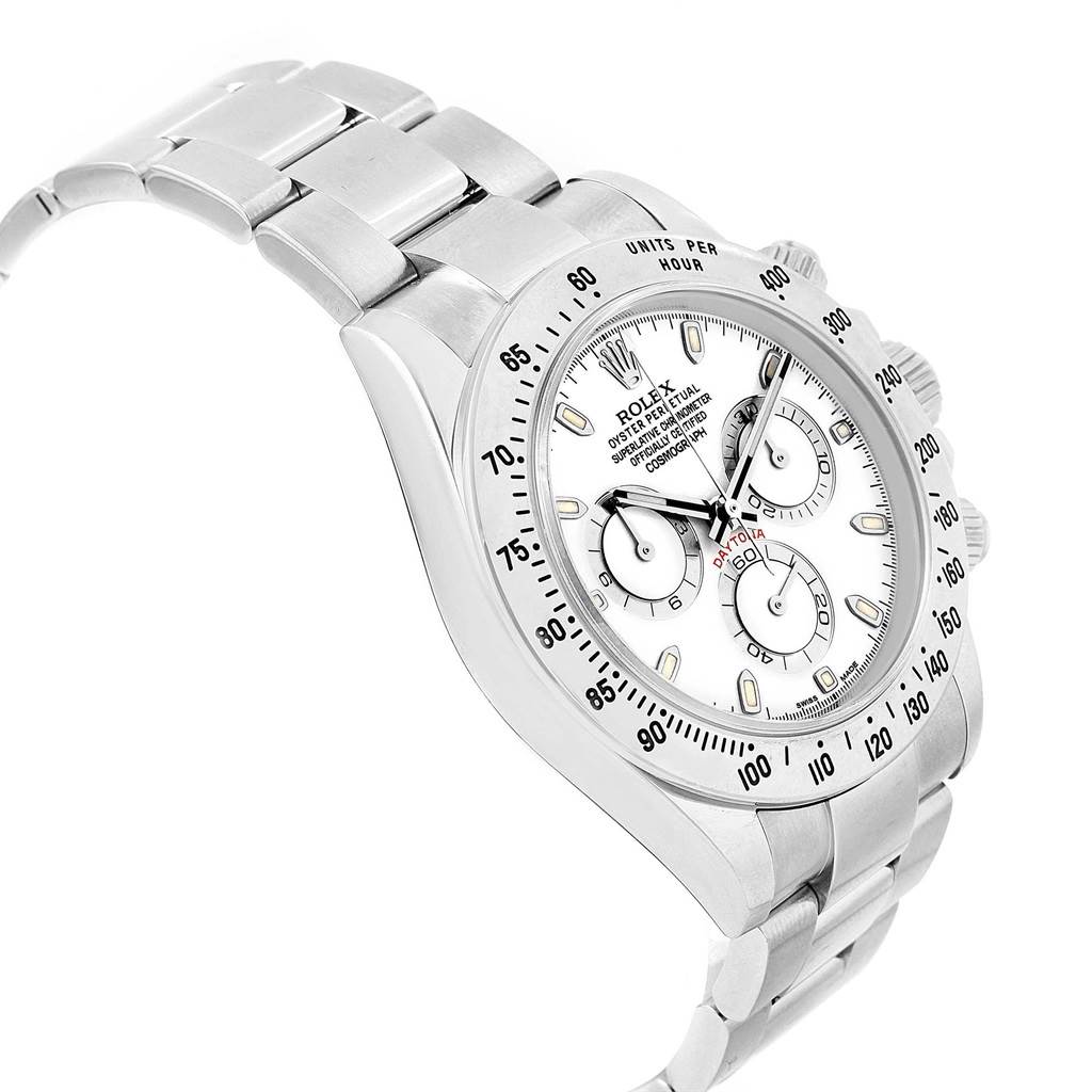 This image shows a side view of a Rolex Daytona 116520 Men's Stainless Steel White Dial 116520 Men's Stainless Steel White Dial watch, highlighting the face, bezel, and part of the bracelet.