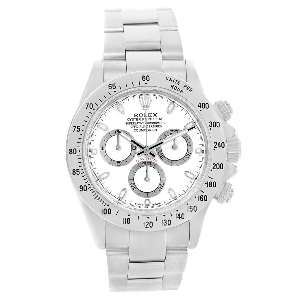 The image shows a Rolex Daytona 116520 Men's Stainless Steel White Dial 116520 Men's Stainless Steel White Dial watch from a front angle, displaying its dial, bezel, and bracelet.