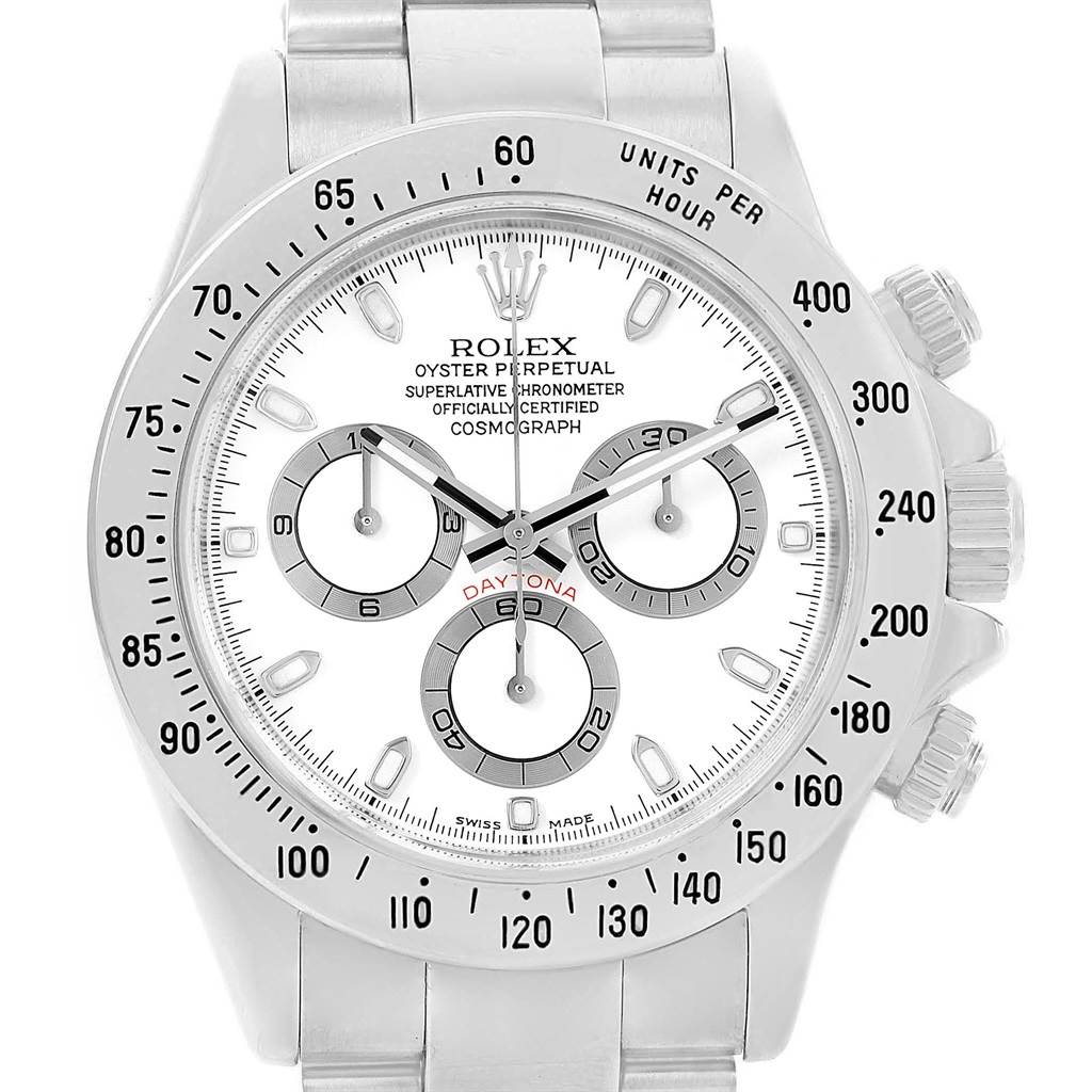 The image shows a front view of a Rolex Daytona 116520 Men's Stainless Steel White Dial 116520 Men's Stainless Steel White Dial watch, highlighting the face, bezel, and crown.