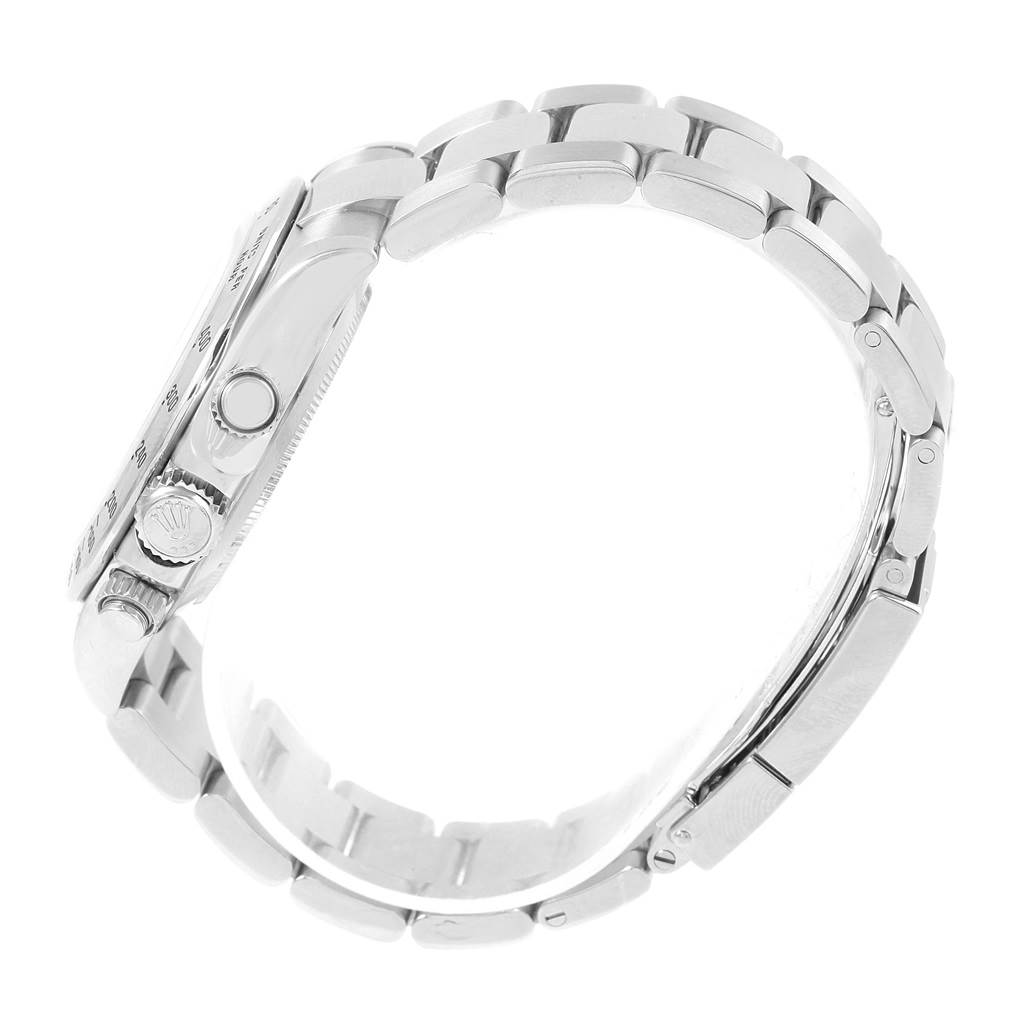 The image shows a side view of the Rolex Daytona 116520 Men's Stainless Steel White Dial 116520 Men's Stainless Steel White Dial watch, highlighting the case, crown, and part of the bracelet.