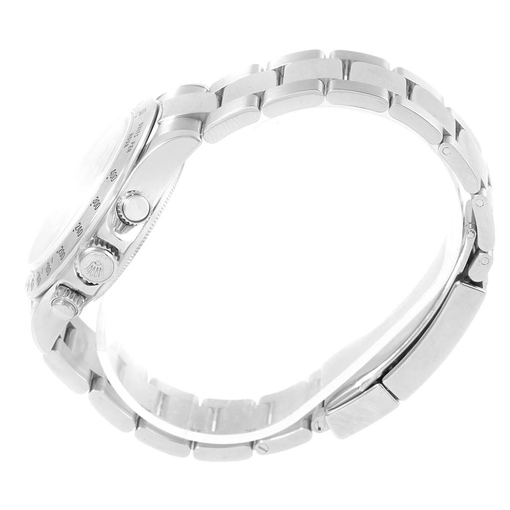 This is a side view of a Rolex Daytona 116520 Men's Stainless Steel Black Dial 116520 Men's Stainless Steel Black Dial watch showing the bracelet, case, and crown.