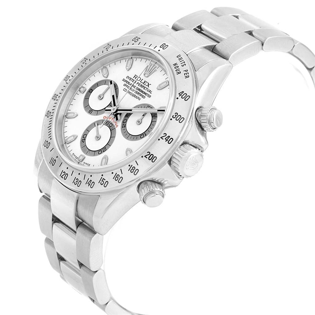 The image shows a Rolex Daytona 116520 Men
s Stainless Steel White Dial 116520 Men
s Stainless Steel White Dial watch at an angle, highlighting the face, bezel, pushers, and bracelet.