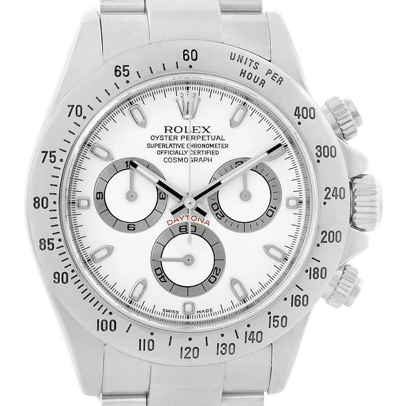 This image shows a front view of the Rolex Daytona watch, highlighting the dial, chronograph subdials, bezel, and crown.