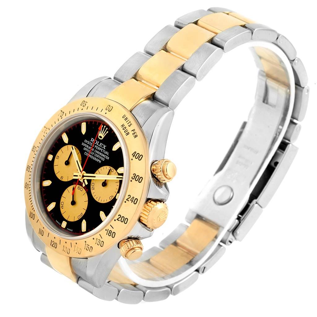This image shows a Rolex Daytona 116523 Men's Steel and Gold (two tone) Black Dial 116523 Men's Steel and Gold (two tone) Black Dial watch at a three-quarter view, highlighting the dial, bezel, crown, and part of the bracelet.