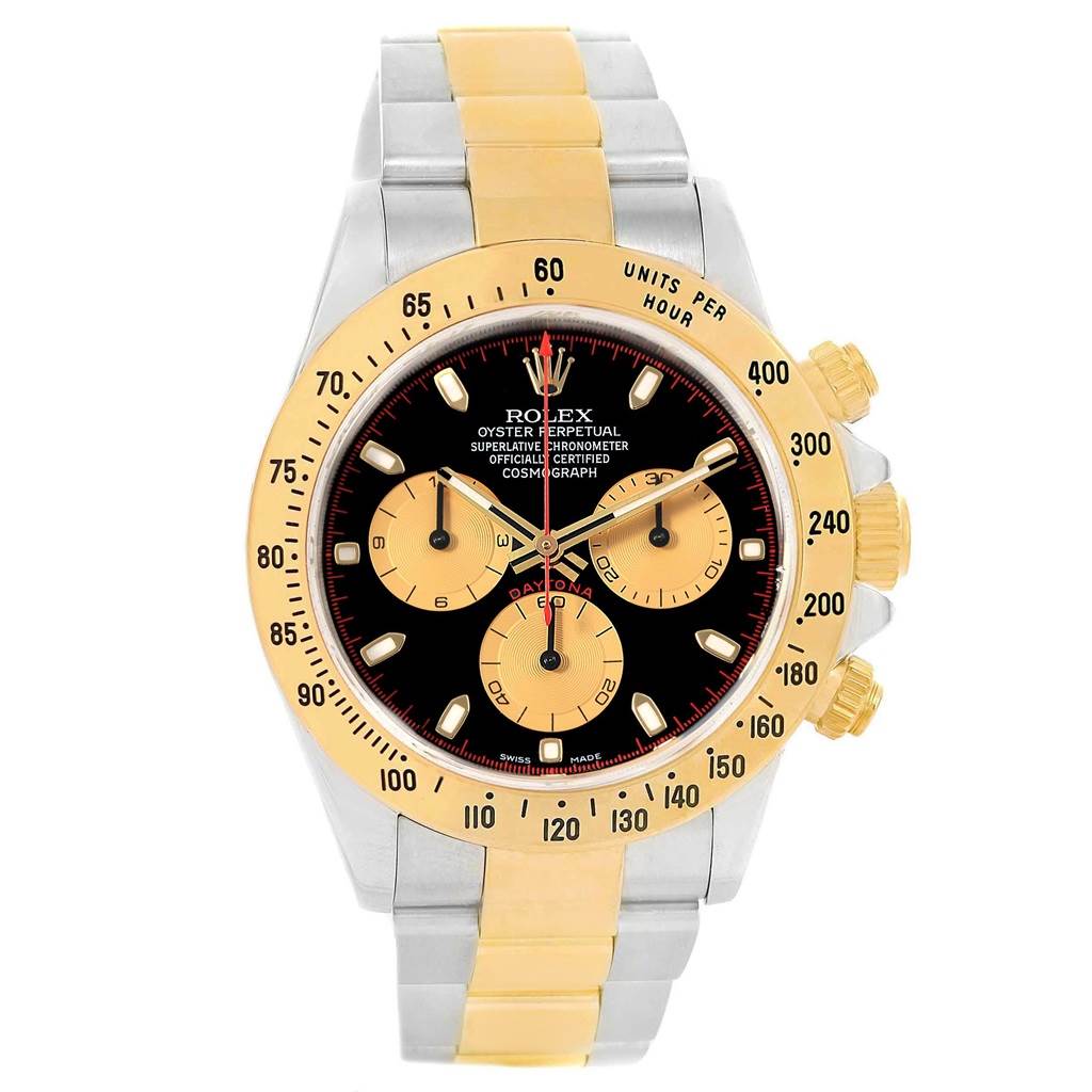 The image shows a front view of a Rolex Daytona 116523 Men's Steel and Gold (two tone) Black Dial 116523 Men's Steel and Gold (two tone) Black Dial watch, highlighting its gold bezel, black and gold dial, and two-tone bracelet.