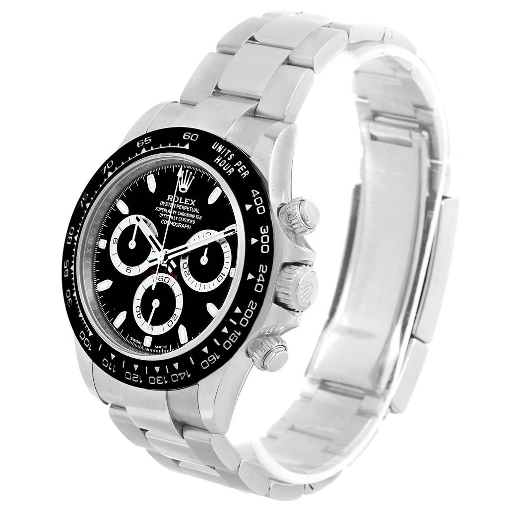 The Rolex Daytona 116500 Men's Stainless Steel Black Dial 116500 Men's Stainless Steel Black Dial watch is shown at an angled side view displaying its bracelet, dial, bezel, and chronograph buttons.