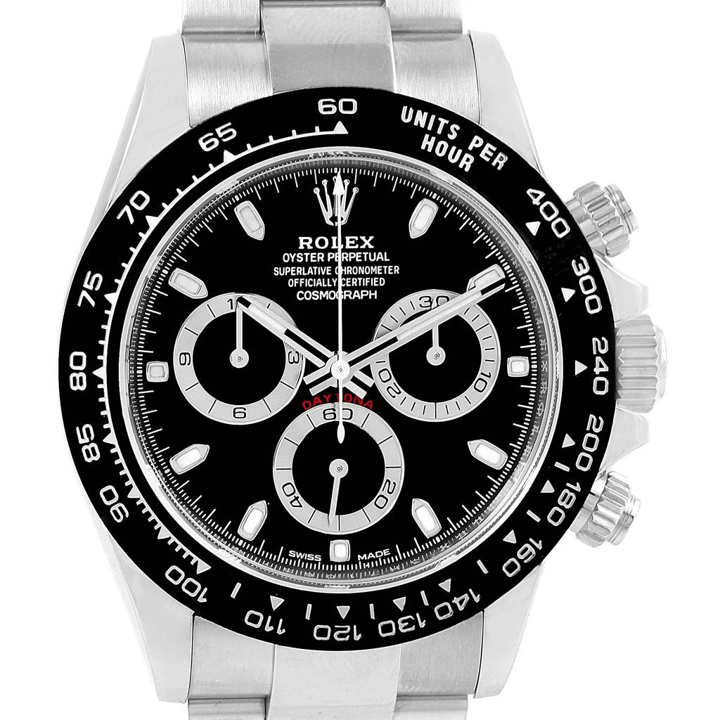 The image shows a frontal view of the Rolex Daytona 116500 Men's Stainless Steel Black Dial 116500 Men's Stainless Steel Black Dial watch, highlighting its black dial, three sub-dials, and tachymeter bezel.